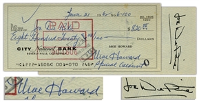 Moe Howard Check Signed to Joe DeRita -- Endorsed by DeRita on Verso -- Dated 21 June 1962 -- Very Good Condition